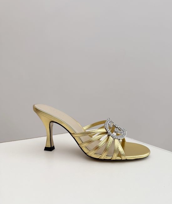 Gucci Rhinestone Embellished High Heel Slides Elegant Comfortable Slippers