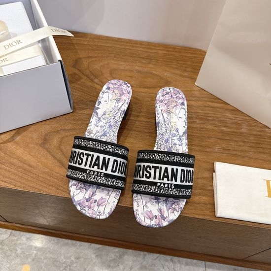 Christian Dior CD Silk Fabric Slip-on Sandals with CD Embroidery