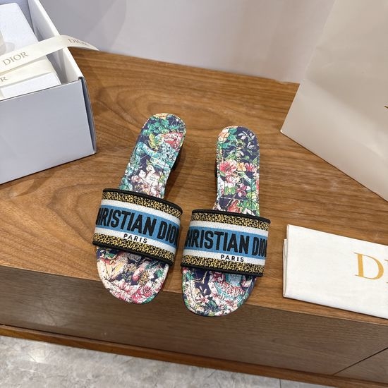 Christian Dior CD Silk Fabric Slip-on Sandals with CD Embroidery