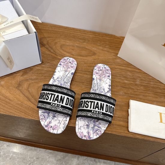 Christian Dior CD Silk Fabric Slip-on Sandals with CD Embroidery