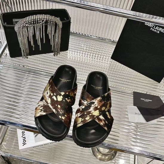 Yves Saint Laurent Animal Print Horsehair Stylish Flat Slides