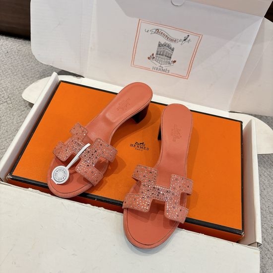 Hermes Rhinestone Low Heel Slides Soft Leather Casual Sandals