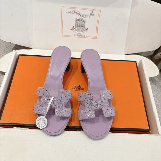 Hermes Rhinestone Low Heel Slides Soft Leather Casual Sandals