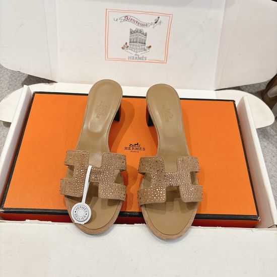 Hermes Rhinestone Low Heel Slides Soft Leather Casual Sandals