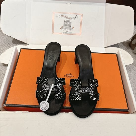 Hermes Rhinestone Low Heel Slides Soft Leather Casual Sandals