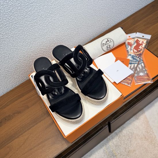Hermes Classic Woven Sole Suede Cowhide Slides