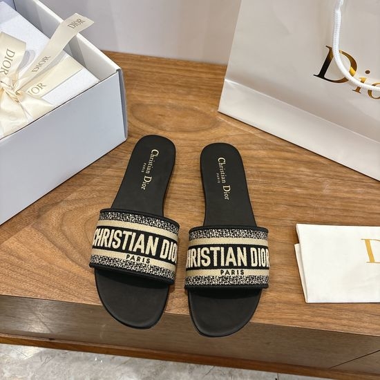 Christian Dior CD Silk Fabric Slip-on Sandals with CD Embroidery