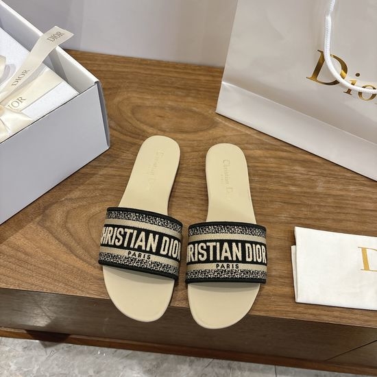 Christian Dior CD Silk Fabric Slip-on Sandals with CD Embroidery