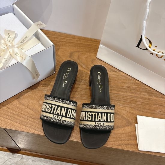 Christian Dior CD Silk Fabric Slip-on Sandals with CD Embroidery