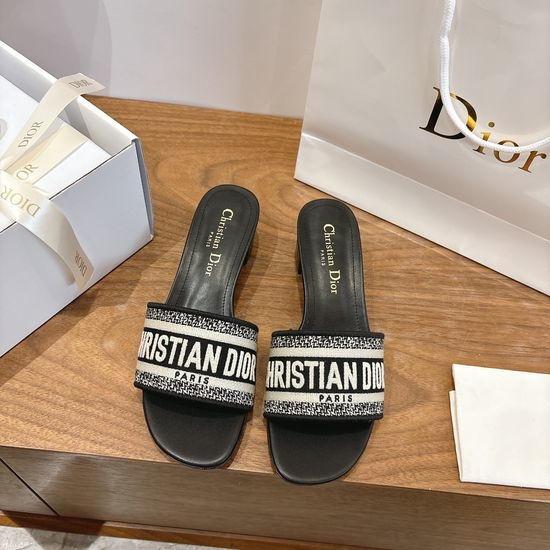 Christian Dior CD Silk Fabric Slip-on Sandals with CD Embroidery