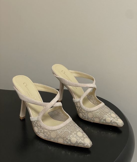 Christian Dior CD Rhinestone Embellished Mesh Kitten Heel Dress Shoes