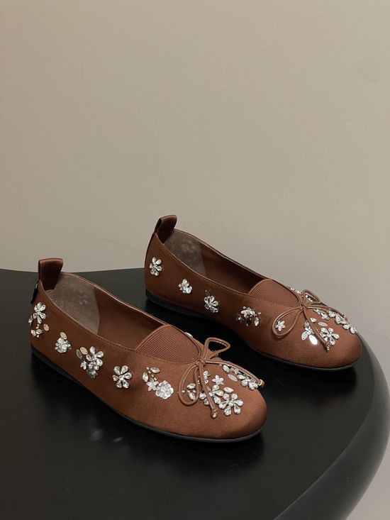 Miu Miu Bow Decor Satin Crystal Accent Ballet Flats