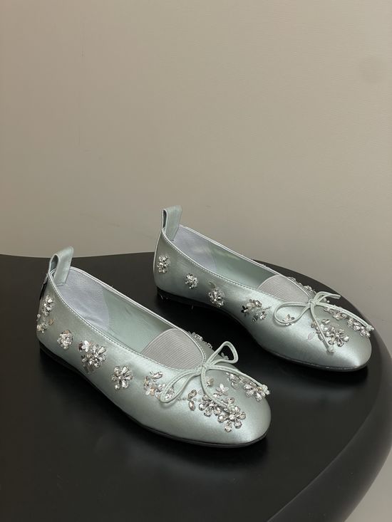 Miu Miu Bow Decor Satin Crystal Accent Ballet Flats