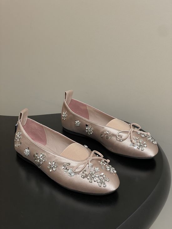 Miu Miu Bow Decor Satin Crystal Accent Ballet Flats