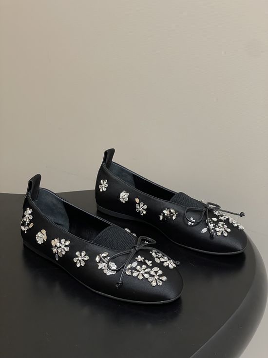Miu Miu Bow Decor Satin Crystal Accent Ballet Flats