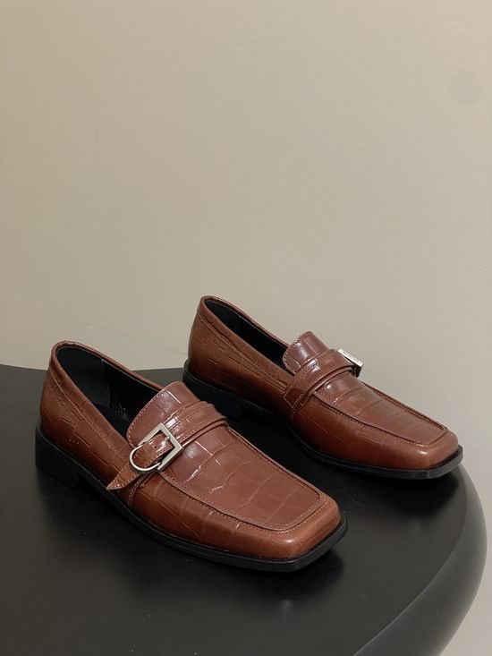 Balenciaga Crocodile Embossed Leather Loafers with Metal Buckle