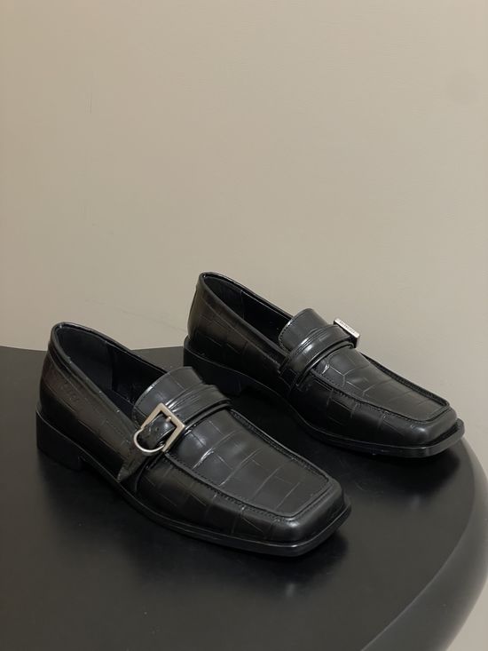 Balenciaga Crocodile Embossed Leather Loafers with Metal Buckle