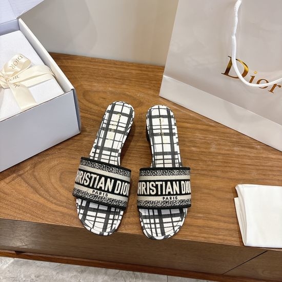 Christian Dior CD Silk Fabric Slip-on Sandals with CD Embroidery