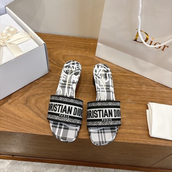 Christian Dior CD Silk Fabric Slip-on Sandals with CD Embroidery