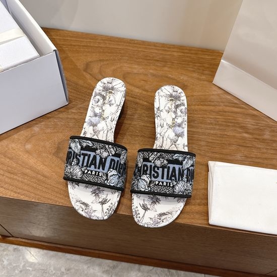 Christian Dior CD Silk Fabric Slip-on Sandals with CD Embroidery