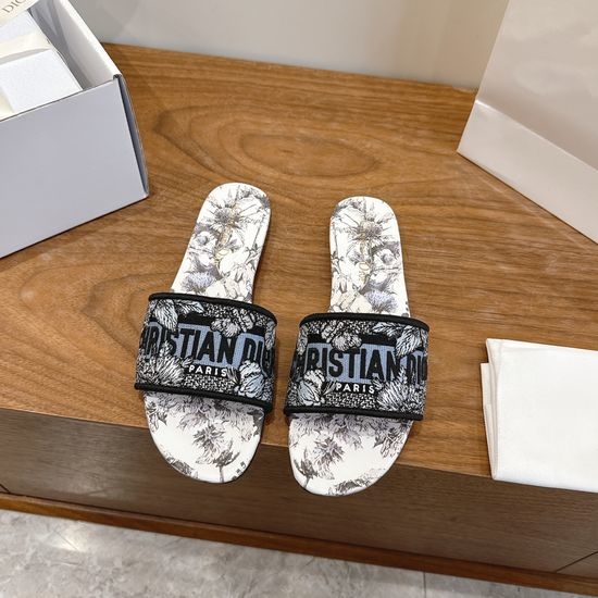Christian Dior CD Silk Fabric Slip-on Sandals with CD Embroidery