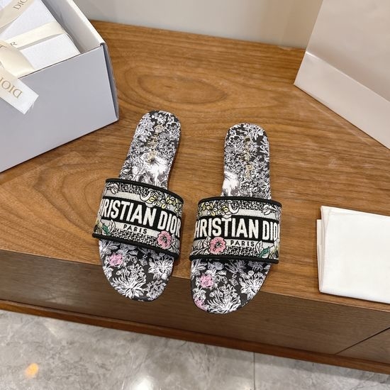 Christian Dior CD Silk Fabric Slip-on Sandals with CD Embroidery