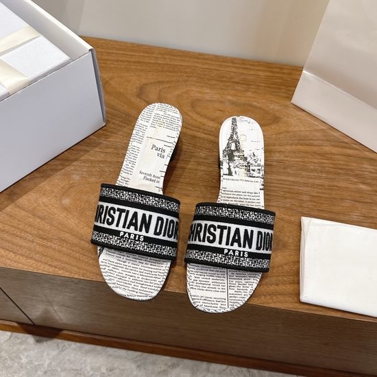 Christian Dior CD Silk Fabric Slip-on Sandals with CD Embroidery