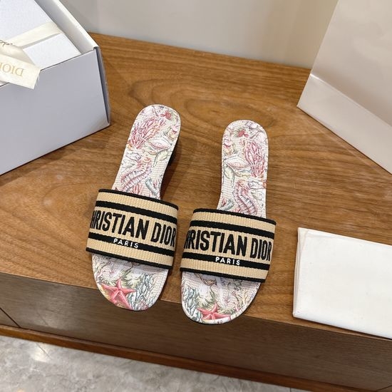 Christian Dior CD Silk Fabric Slip-on Sandals with CD Embroidery