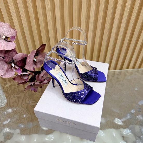 Jimmy Choo Rhinestone Embellished Satin Heeled Sandals Premium Cowhide Sole