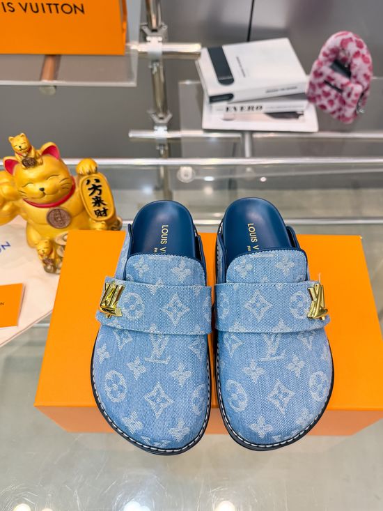 Louis Vuitton Embroidered Denim Slides With Logo Decoration