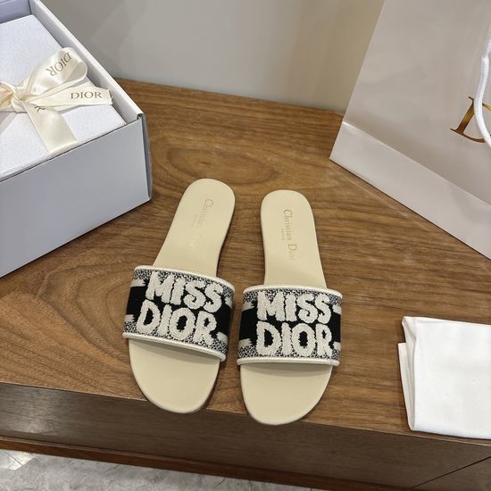 Christian Dior CD Silk Fabric Slip-on Sandals with CD Embroidery
