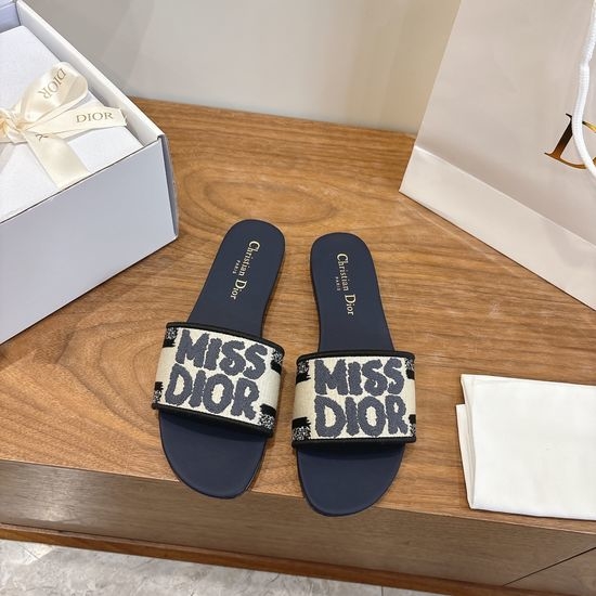 Christian Dior CD Silk Fabric Slip-on Sandals with CD Embroidery
