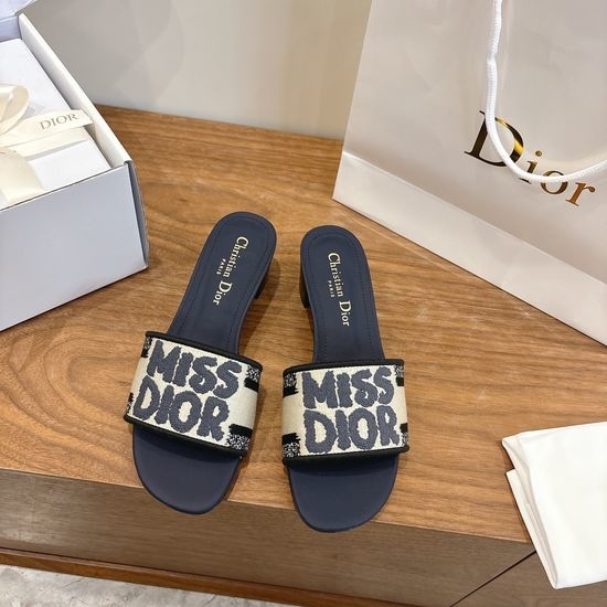 Christian Dior CD Silk Fabric Slip-on Sandals with CD Embroidery