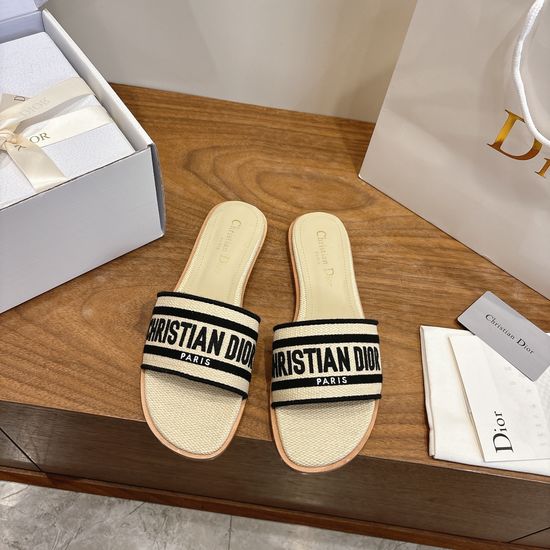 Christian Dior Round-Toe Flat Slip-On Sandals with Embroidered Logo