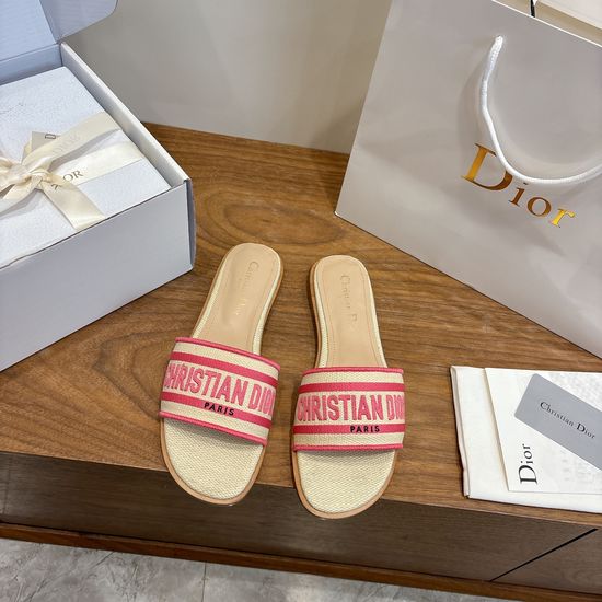 Christian Dior Round-Toe Flat Slip-On Sandals with Embroidered Logo
