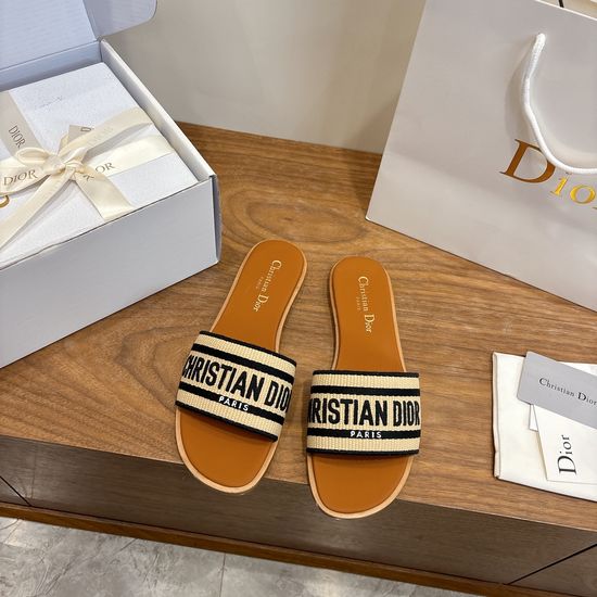 Christian Dior Round-Toe Flat Slip-On Sandals with Embroidered Logo