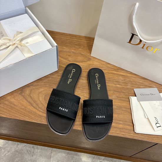 Christian Dior Round-Toe Flat Slip-On Sandals with Embroidered Logo