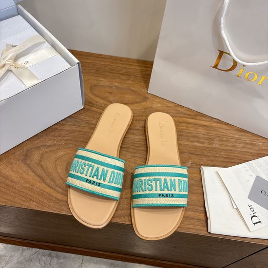 Christian Dior Round-Toe Flat Slip-On Sandals with Embroidered Logo