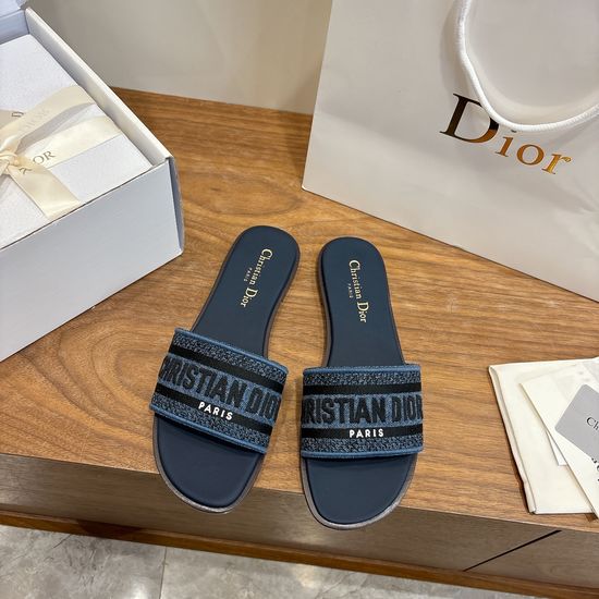 Christian Dior Round-Toe Flat Slip-On Sandals with Embroidered Logo
