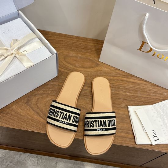 Christian Dior Round-Toe Flat Slip-On Sandals with Embroidered Logo