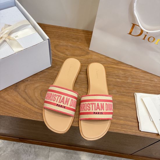 Christian Dior Round-Toe Flat Slip-On Sandals with Embroidered Logo