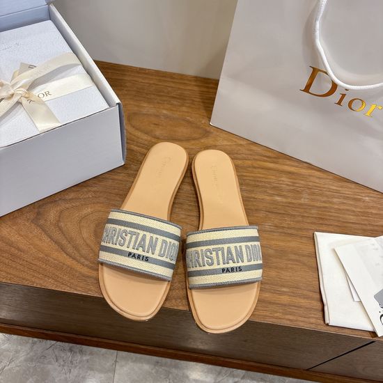 Christian Dior Round-Toe Flat Slip-On Sandals with Embroidered Logo