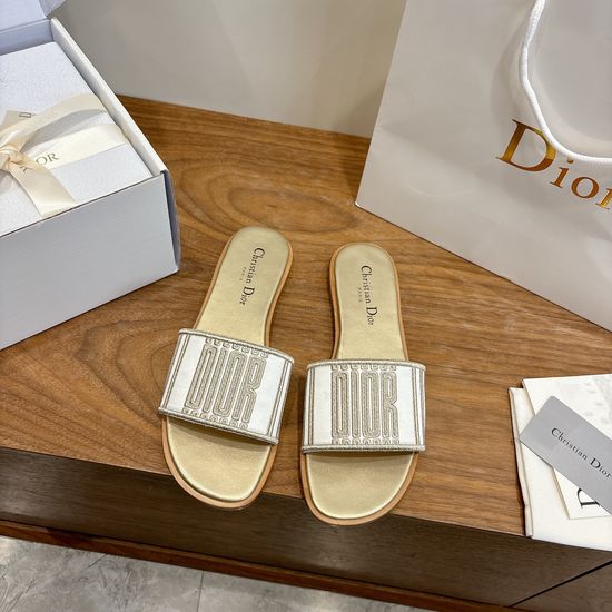 Christian Dior Round-Toe Flat Slip-On Sandals with Embroidered Logo