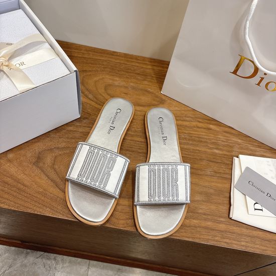 Christian Dior Round-Toe Flat Slip-On Sandals with Embroidered Logo