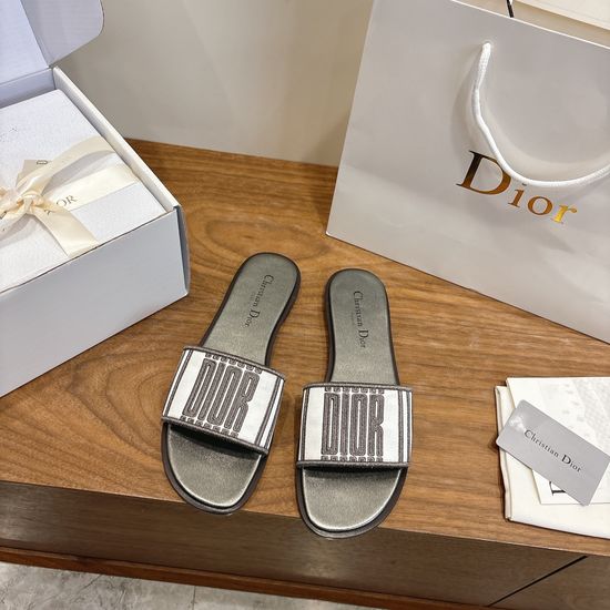 Christian Dior Round-Toe Flat Slip-On Sandals with Embroidered Logo