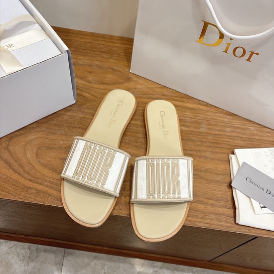 Christian Dior Round-Toe Flat Slip-On Sandals with Embroidered Logo
