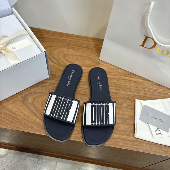 Christian Dior Round-Toe Flat Slip-On Sandals with Embroidered Logo