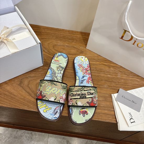 Christian Dior Round-Toe Flat Slip-On Sandals with Embroidered Logo