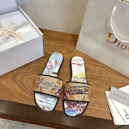 Christian Dior Round-Toe Flat Slip-On Sandals with Embroidered Logo