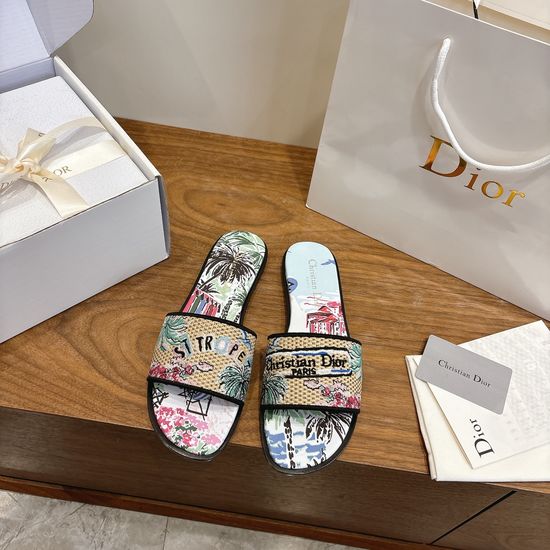 Christian Dior Round-Toe Flat Slip-On Sandals with Embroidered Logo
